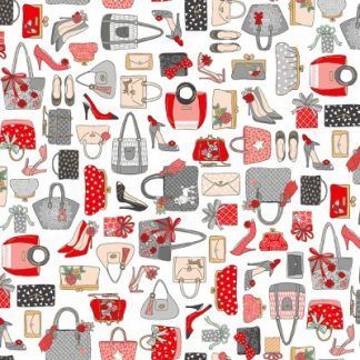 Makower Pamper Fabric Range - Handbags in Red, Pink and Grey on White Fabric Bright Quilting